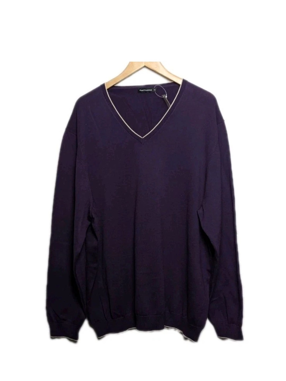 Paul Fredrick V-Neck Sweater - Deep Purple with Cream Trim